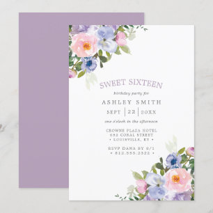 Convites Roxo Floral Bege Rosa Aquarela Sweet 16