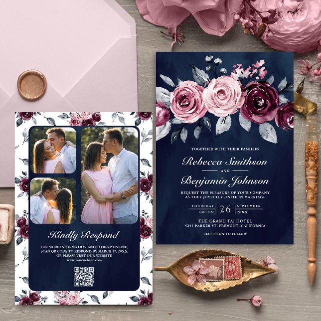 Convites Roxo Floral Código QR Casamento Azul Marinho Rosa  (Criador carregado)