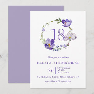 Convites Roxo Floral de Flor Selvagem Elegante 18.o Anivers