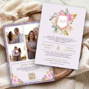 Convites Roxo Floral Empoeirado Código QR Crista Casamento