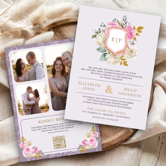 Convites Roxo Floral Empoeirado Código QR Crista Casamento (Criador carregado)