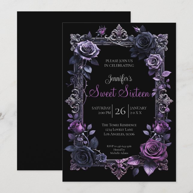 Convites Roxo Floral Gótico Sweet 16 (Frente/Verso)