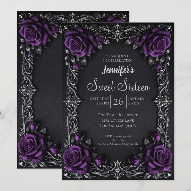 Convites Roxo Floral Gótico Sweet 16 (Frente/Verso)