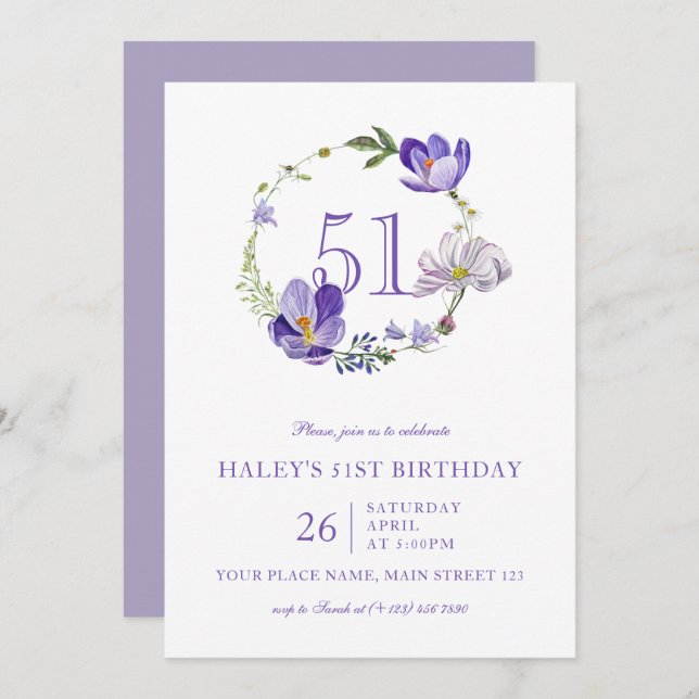 Convites Roxo Floral Wildflower Vintage 51RUAS Aniversário (Frente/Verso)