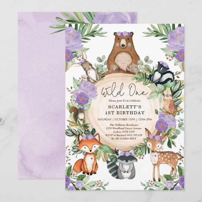 Convites Roxo Floral Woodland Girl Wild Oneprimeiro anivers (Frente/Verso)