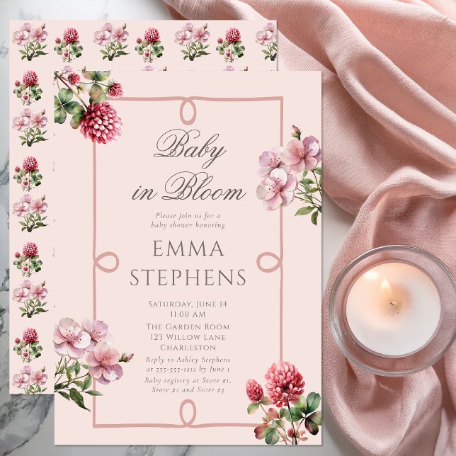 Convites Roxo Flores Bebê em Flor Jardim Chá de Bebê (Blush pink “Baby in Bloom” floral shower invitation with elegant botanical details)