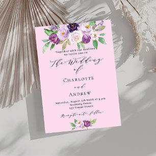 Convites Roxo flores verde script luxo casamento
