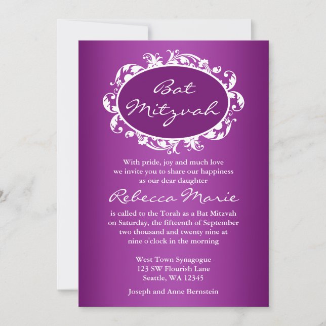 Convites Roxo Flourl Frame Bat Mitzvah (Frente)