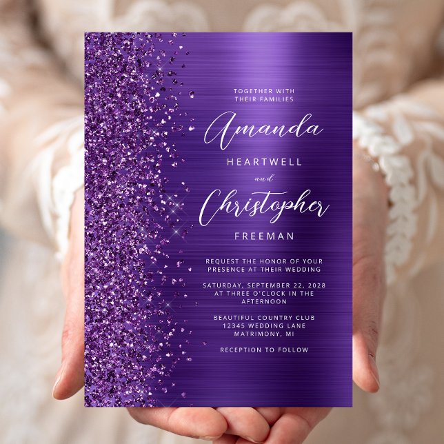 Convites Roxo Glam Metalizado Moderno Casamento Script (Criador carregado)