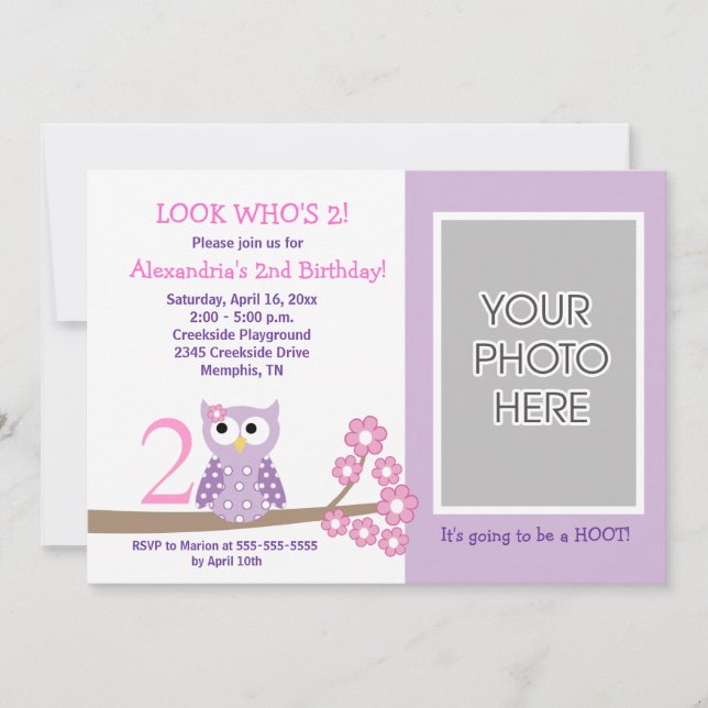 Convites Roxo Hoot Owl *FOTO* Aniversário 5x7 (Frente)