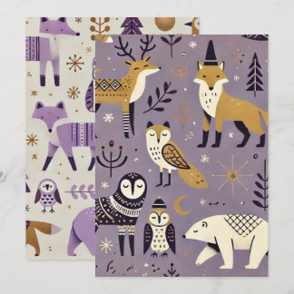 Convites Roxo Imprimível e Animais Escandinavos Dourados