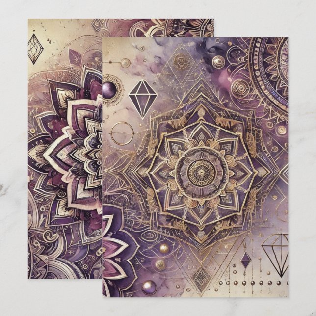 Convites Roxo Imprimível e Boho Dourado Intrai Mandalas (Frente/Verso)