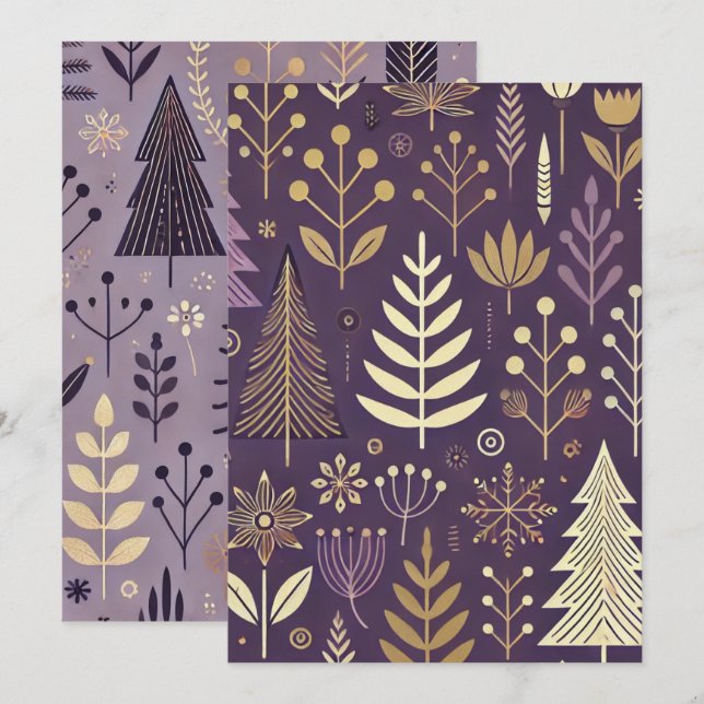 Convites Roxo Imprimível e Natureza Escandinava Dourada (Frente/Verso)
