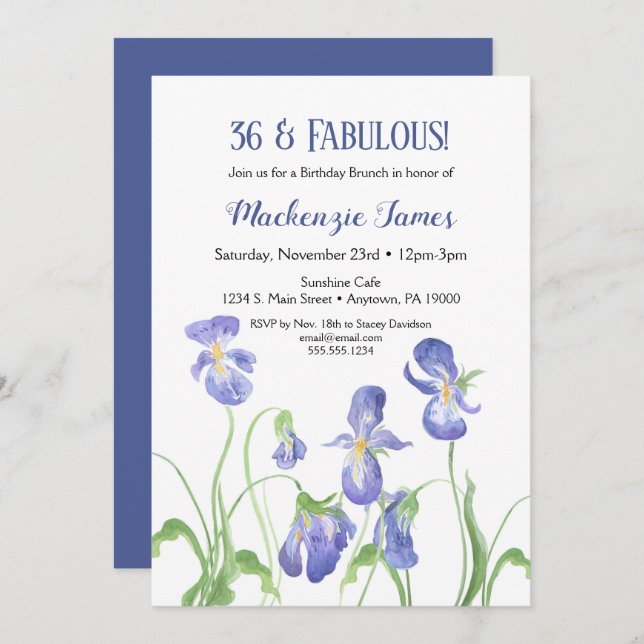 Convites Roxo Iris Birthday Invitation Floral Brunch (Frente/Verso)