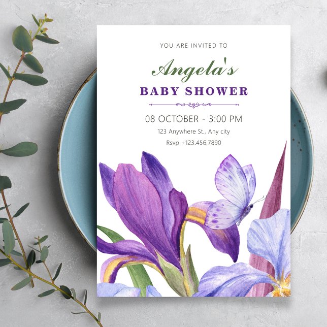 Convites Roxo íris floral florescer aquarela chá de bebê (Criador carregado)
