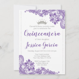 Convites Roxo Lace e Silver Glitter Princesa Quinceañera