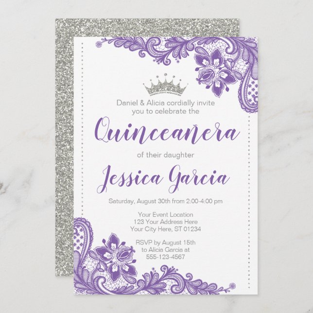 Convites Roxo Lace e Silver Glitter Princesa Quinceañera (Frente/Verso)