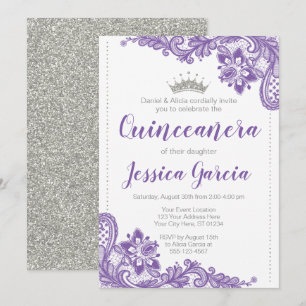 Convites Roxo Lace e Silver Glitter Princesa Quinceañera