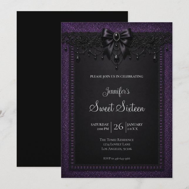 Convites Roxo Laço Preto Doce 16 Aniversário (Frente/Verso)