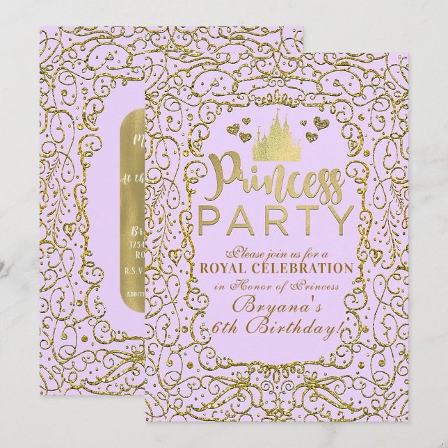 Convites Roxo Lavanda Dourado Castelo Real FESTA DE PRINCES (Frente/Verso)