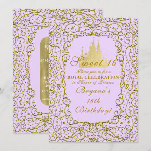 Convites Roxo Lavanda e Dourado Princesa do Castelo Doce 16