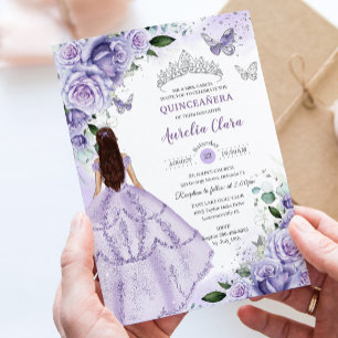 Convites Roxo Lavanda Floral Prata Quinceanera Doce 16