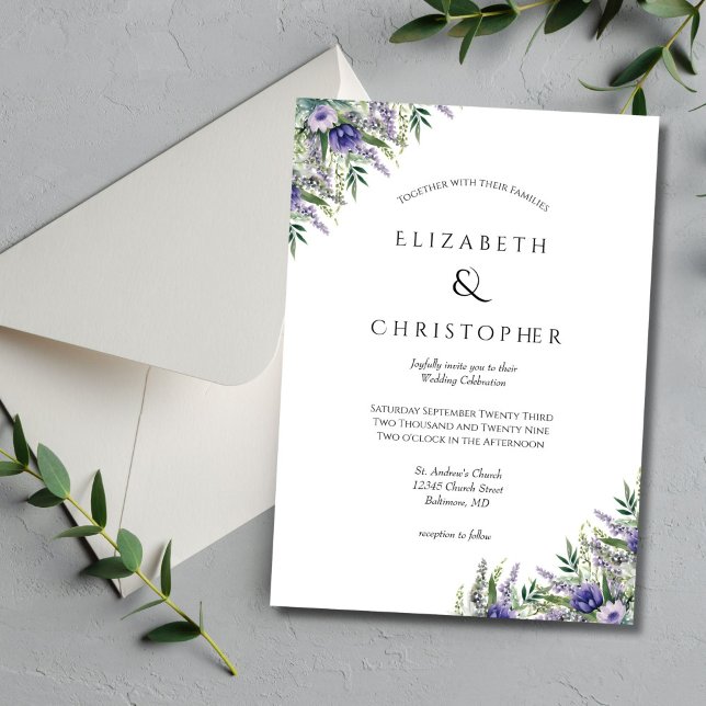 Convites Roxo Lavanda Formal Elegante Moderno Casamento  (Lavender Greenery Watercolor Floral Botanical Wedding invitation Formal and Elegant)