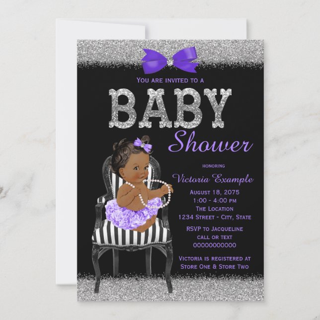 Convites Roxo Lavanda Preto Prata Churrasco de Bebê Menina  (Frente)