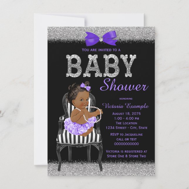 Convites Roxo Lavanda Preto Prata Churrasco de Bebê Menina  (Frente)
