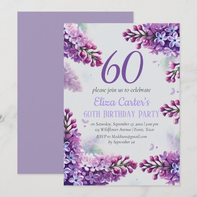 Convites Roxo Lilac 60º Aniversário do Elegante Floral (Frente/Verso)