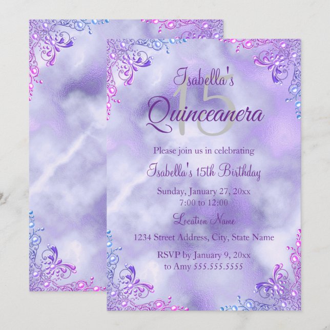 Convites Roxo Lilac Quinceanera 15 prata Pérolas Damasco (Frente/Verso)