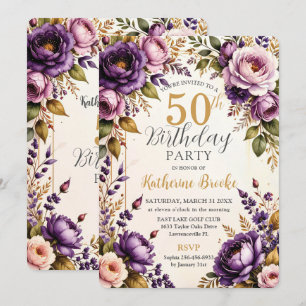 Convites Roxo Lilás Bege Vintage Floral Aniversário