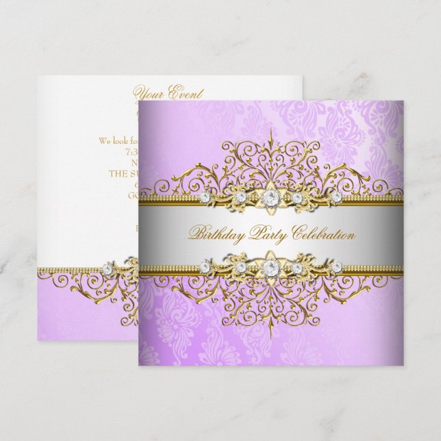 Convites Roxo Lilás Branco Dourado Festa Elegante (Frente/Verso)