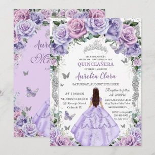 Convites Roxo Lilás Floral Prata Princesa Quinceanera