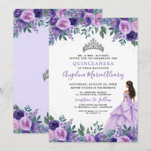 Convites Roxo Lilás Floral Quinceanera Prata
