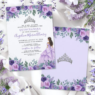 Convites Roxo Lilás Floral Quinceanera Prata