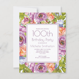 Convites Roxo Lilás Laranja Azul Floral 100º Aniversário