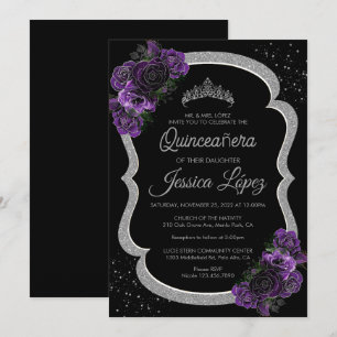 Convites Roxo Lilás Lavanda Floral Quinceañera Prata
