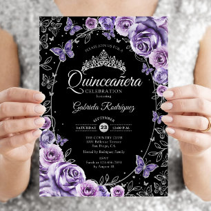 Convites Roxo Lilás Prata Preto Quinceanera