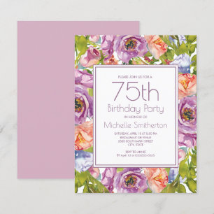 Convites Roxo Lilás Rosa Floral 75º Aniversário Mulheres