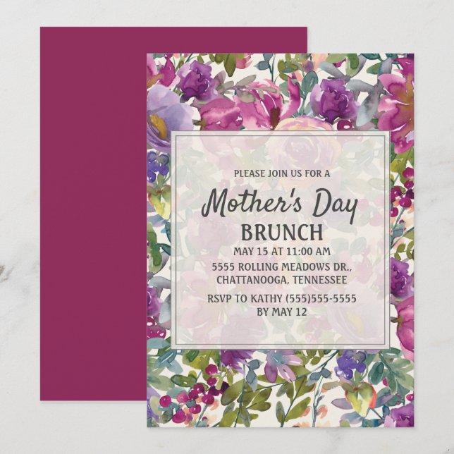 Convites Roxo Lilás Rosa Floral Dia das Mães em Aquarela (Frente/Verso)