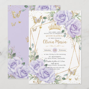 Convites Roxo Macio Lilás Floral Borboletas Quinceanera