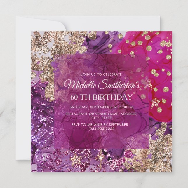 Convites Roxo Magenta Dourado Abstrato Luxo (Frente)