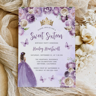 Convites Roxo Marfim Dourado Floral Aquarela Sweet 16