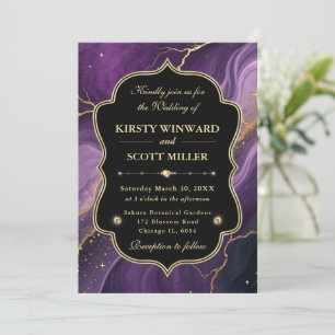 Convites Roxo Mármore Dourado Brilho Casamento Elegante