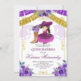 Convites Roxo Mexicano e Dourada Rapariga Charra Mis Quince