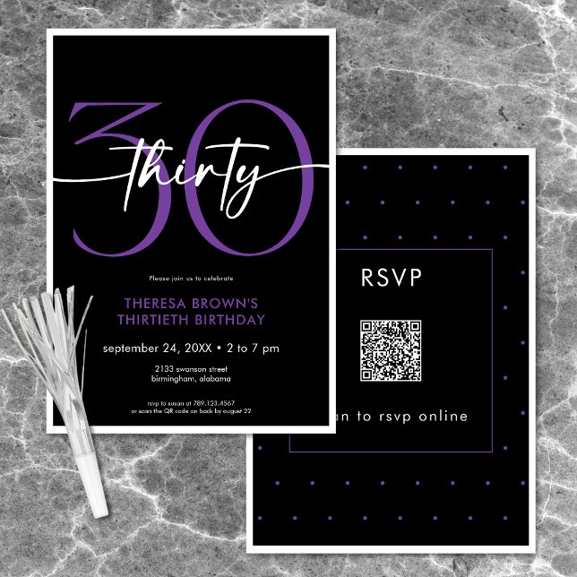 Convites Roxo Mínimo Moderno 30 Script Aniversário QR (Modern Minimal Purple Thirty Script Birthday QR Invitation)