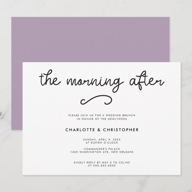 Convites Roxo Moderno A Manhã Seguinte Pós Casamento (Frente/Verso)