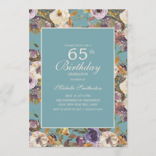 Convites Roxo Mostarda Marfim Floral 65º Aniversário Azul T