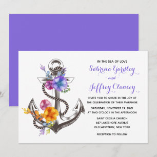 Convites Roxo Náutico Floral Âncora Casamento Praia Verão